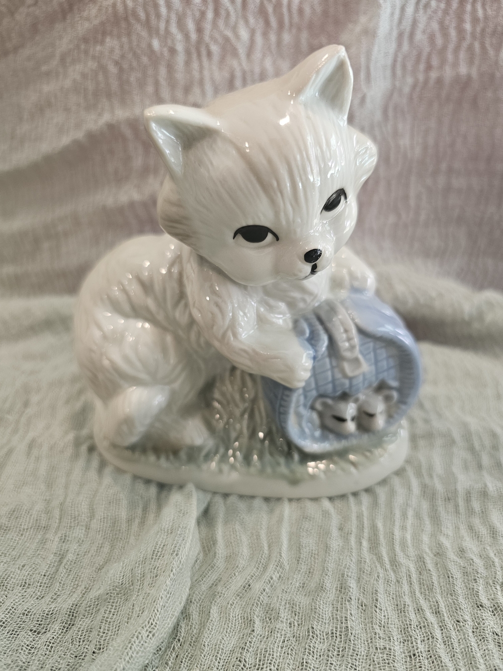 Vintage Artmark Mid-century Porcelain Cat Figurine with Mice Basket